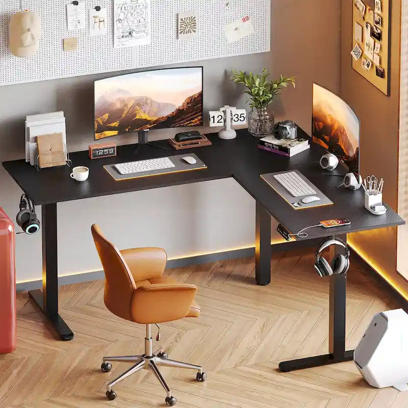63 Bureau d'angle en forme de L Bureau de jeu LED avec support d'écran ergonomique