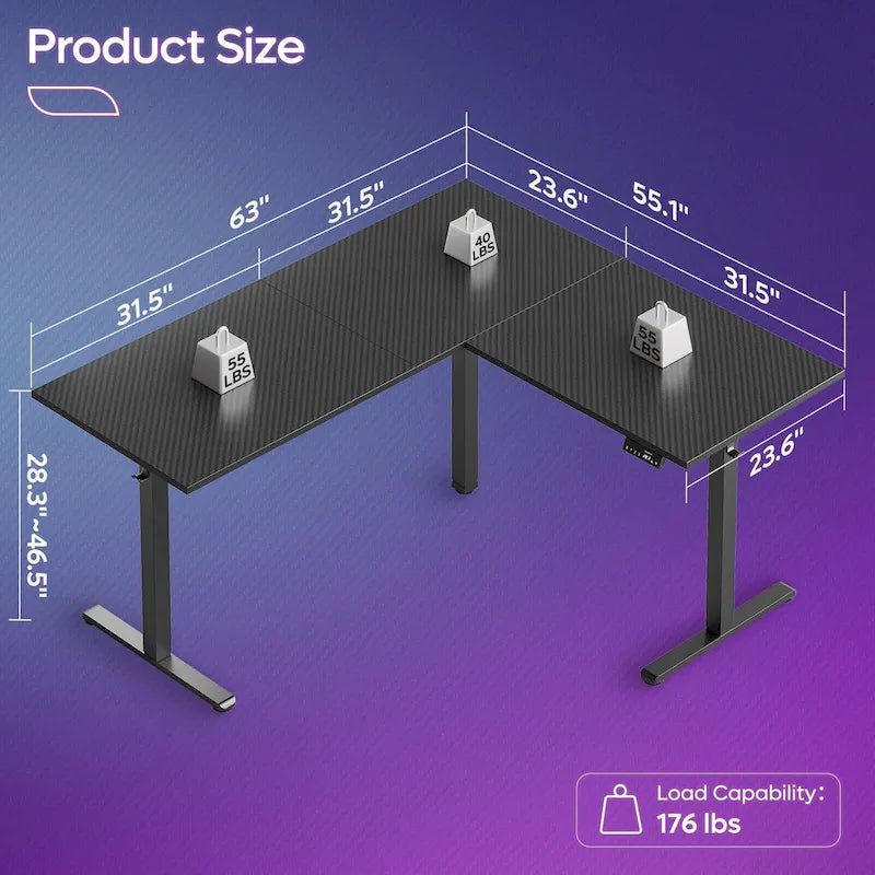 63 Bureau d'angle en forme de L Bureau de jeu LED avec support d'écran ergonomique