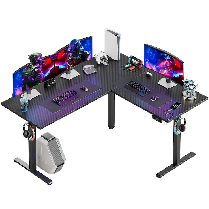 63 Bureau d'angle en forme de L Bureau de jeu LED avec support d'écran ergonomique