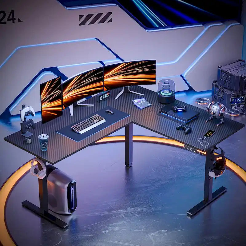 63 Bureau d'angle en forme de L Bureau de jeu LED avec support d'écran ergonomique