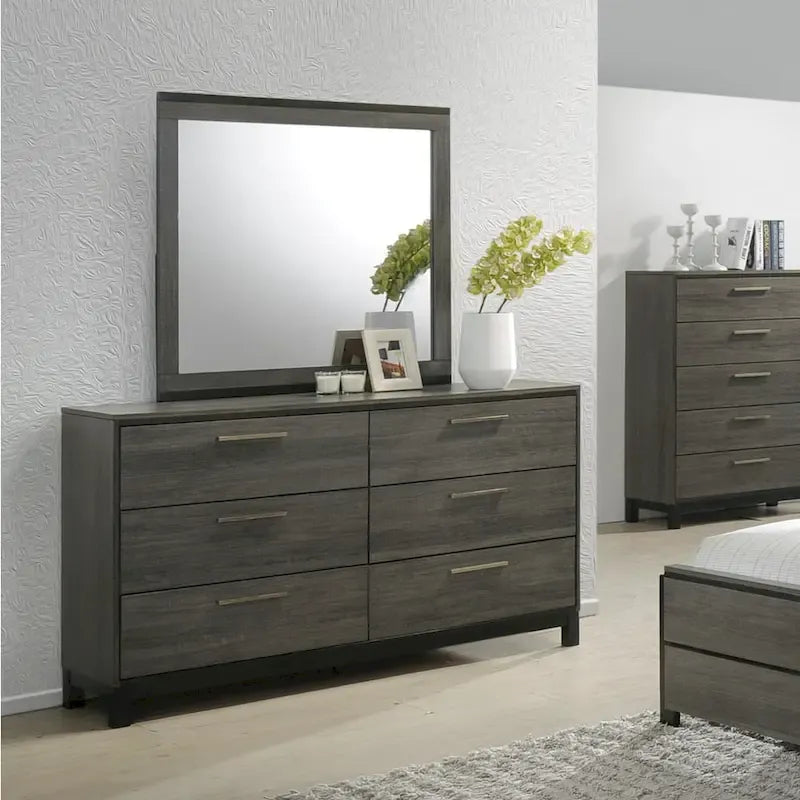 Ensemble de chambre à coucher 187 en bois finition gris antique, lit king size, commode, miroir, table de nuit
