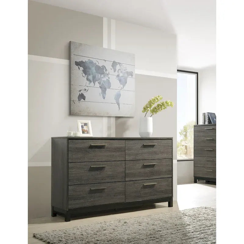 Ensemble de chambre à coucher 187 en bois finition gris antique, lit king size, commode, miroir, table de nuit