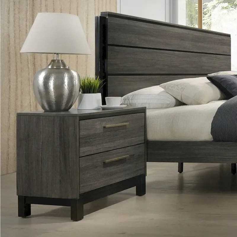 Ensemble de chambre à coucher 187 en bois finition gris antique, lit king size, commode, miroir, table de nuit