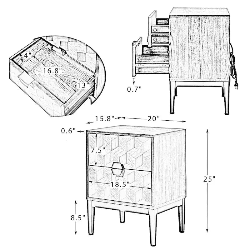 Table de chevet double tiroir moderne de 63,5 cm de hauteur avec station de recharge et pieds réglables, lot de deux.