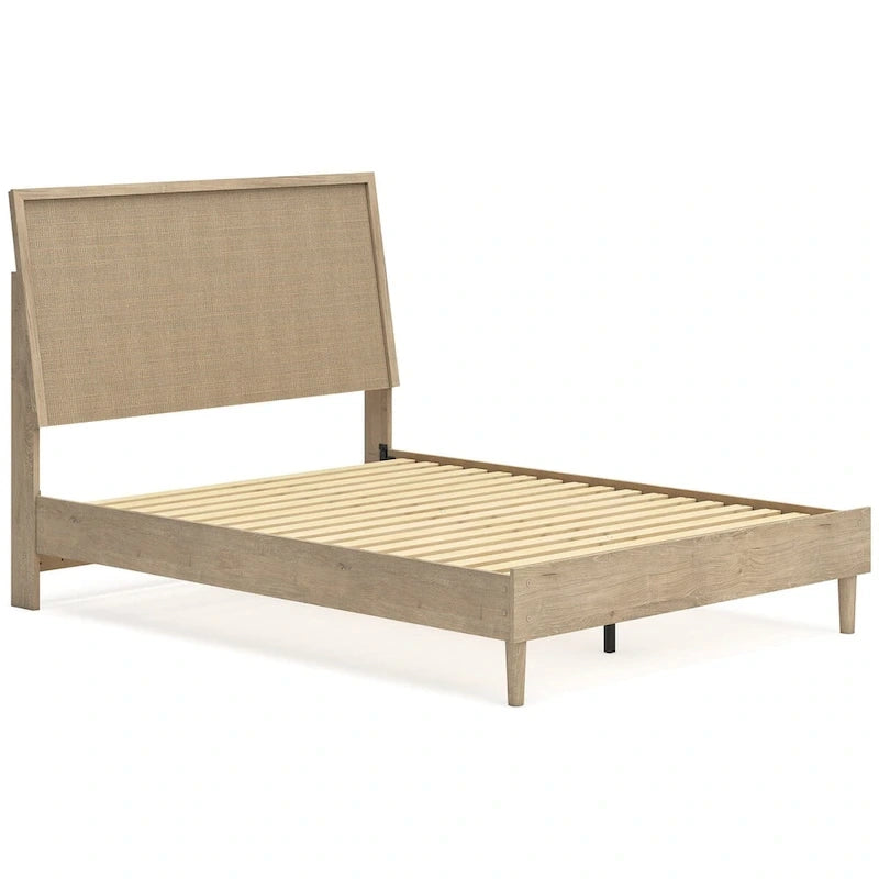 Tête de lit en panneau marron avec deux tables de chevet