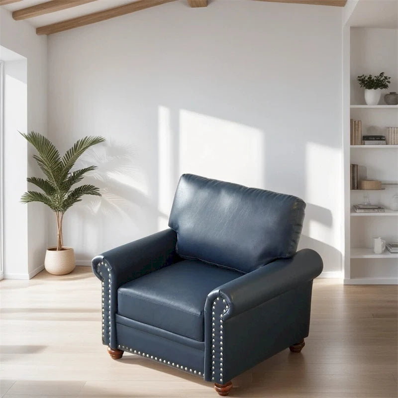 Fauteuil simple en cuir avec pieds en bois et clous décoratifs