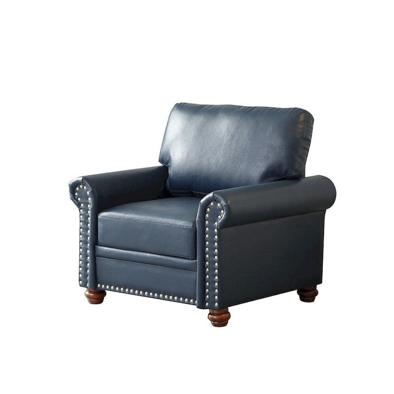 Fauteuil simple en cuir avec pieds en bois et clous décoratifs