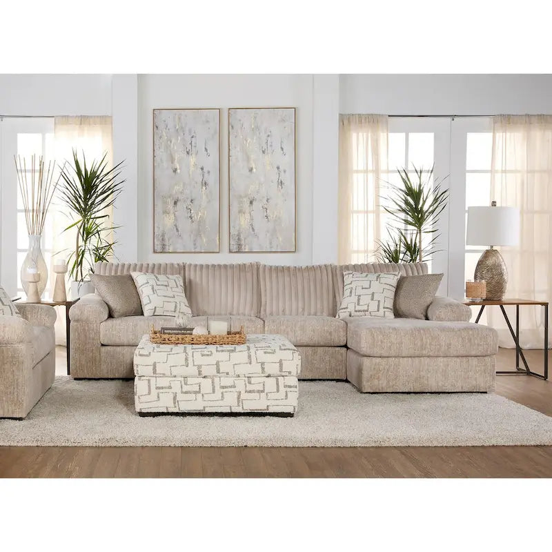 Canapé d'angle en velours côtelé à grosses côtes avec fauteuil et pouf