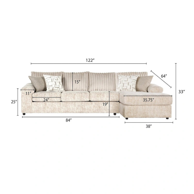 Canapé d'angle en velours côtelé à grosses côtes avec fauteuil et pouf
