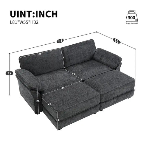 Canapé modulable convertible 4 places rembourré avec méridienne et pouf, profondeur d'assise, gris