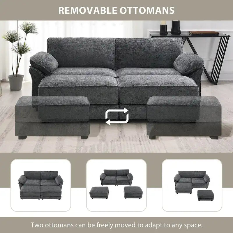 Canapé modulable convertible 4 places rembourré avec méridienne et pouf, profondeur d'assise, gris