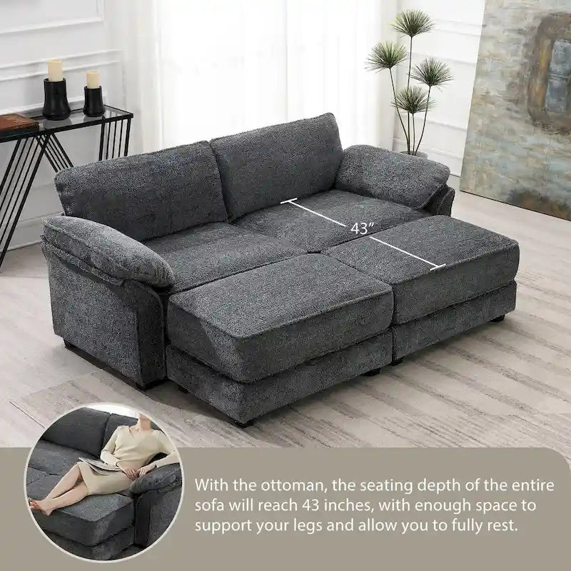 Canapé modulable convertible 4 places rembourré avec méridienne et pouf, profondeur d'assise, gris