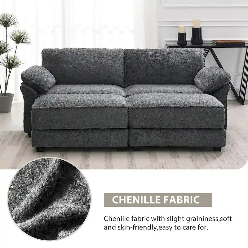 Canapé modulable convertible 4 places rembourré avec méridienne et pouf, profondeur d'assise, gris