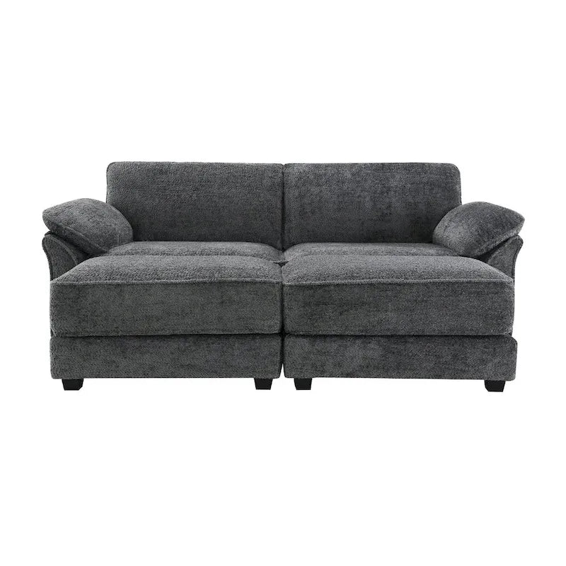 Canapé modulable convertible 4 places rembourré avec méridienne et pouf, profondeur d'assise, gris