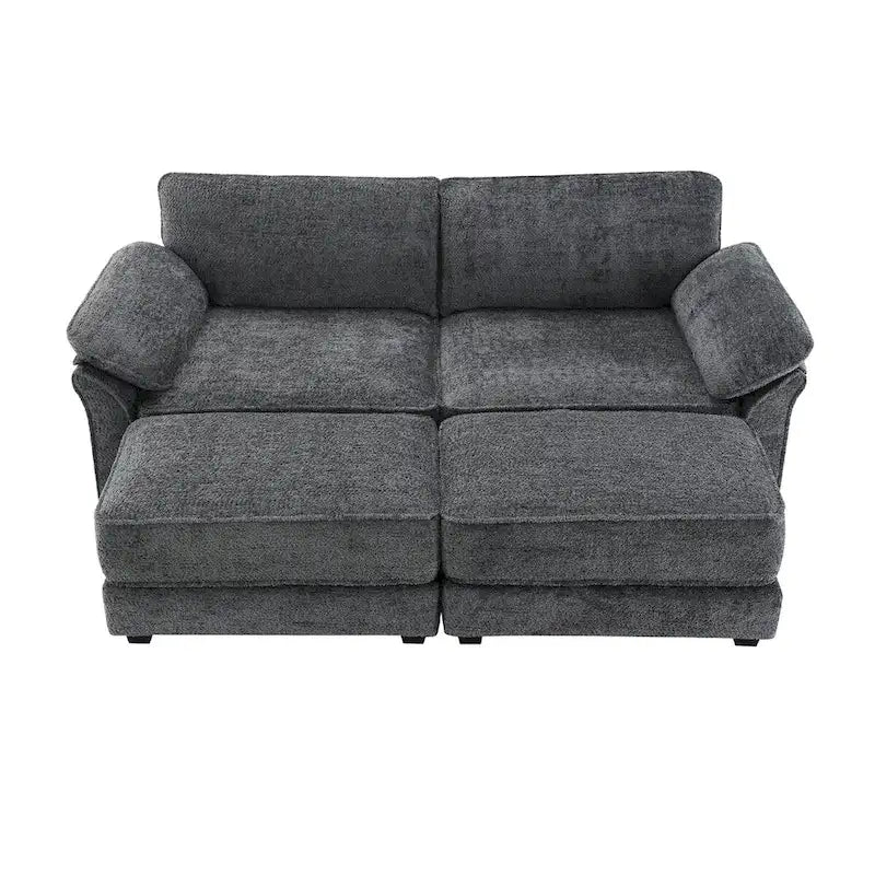Canapé modulable convertible 4 places rembourré avec méridienne et pouf, profondeur d'assise, gris