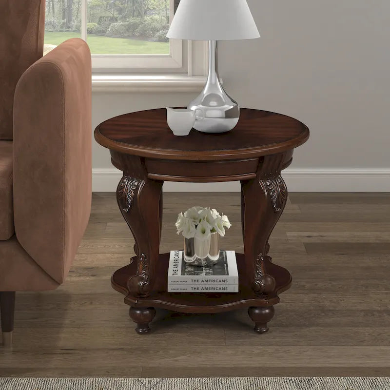 22  Retro Round End Table,Solid Wood Sofa Side Table with Shelf,Living Room Corner Table Easy Assemble