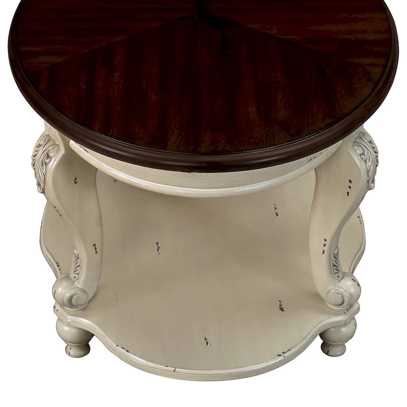 22 Table d'appoint ronde rétro, Table d'appoint de canapé en bois massif avec étagère, Table d'angle de salon facile à assembler